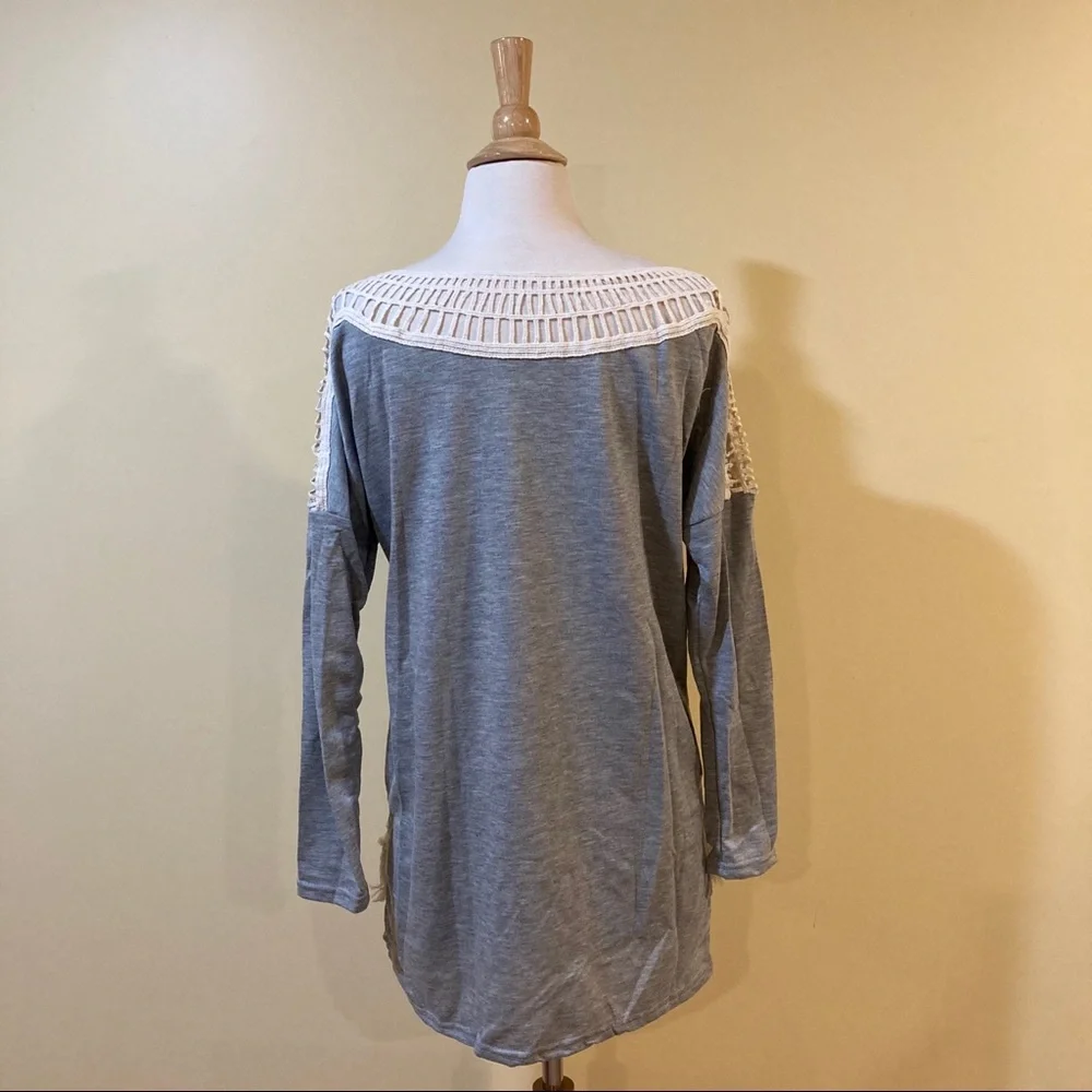 Crochet Lace Fringe Trim High Low Knit Top - Picture 5 of 6